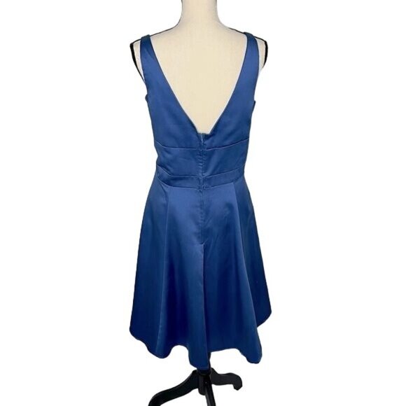 Alfred Angelo Dress Formal Satin Indigo Blue Bow Waist V Neck Sleeveless Size 12 - Picture 5 of 6